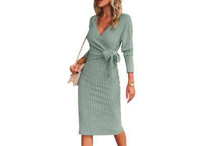 V-neck Long-sleeved Knitted Strappy Dress - 4 Colours!