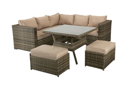 Brown Rattan Corner Dining Set, with Fire Pit and Cover