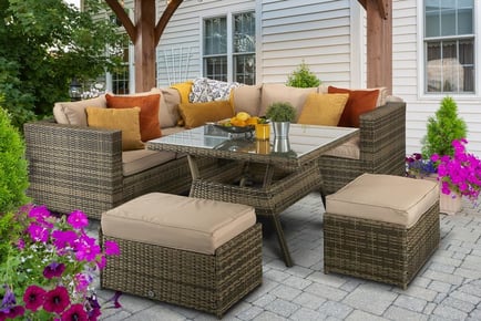 Brown Rattan Corner Dining Set, with Fire Pit and Cover