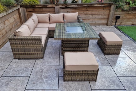 Brown Rattan Corner Dining Set, with Fire Pit and Cover