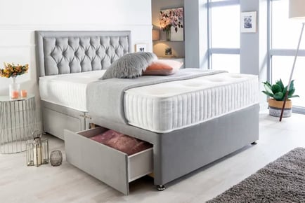 Suede Divan Bed and Mattress, Superking, 2 drawers, Charcoal