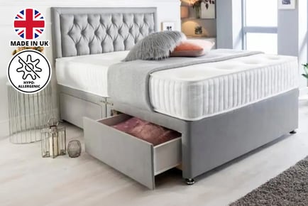 Suede Divan Bed and Mattress, Superking, 2 drawers, Light Grey