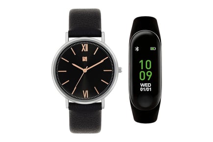 Spirit Men's Black Strap Quartz Watch & Fitness Watch Set!