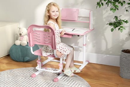 Grey Height Adjustable Kids Study Table and Chair Set with Drawer Storage!