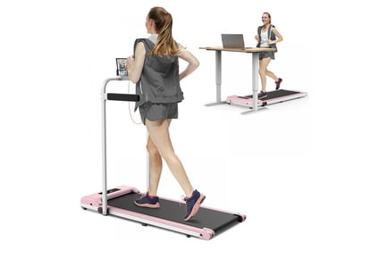A Pink 2-in-1 Folding Treadmill with Side Handrails