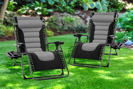 2 CHAIRS / GREY/BLACK: An extra wide padded garden lounger chair with cupholder