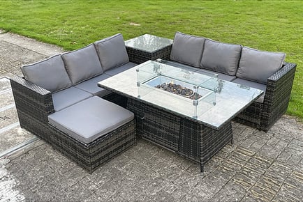 7-Seater Rattan w/ Gas Fire Pit Table & Lounge Footstool!