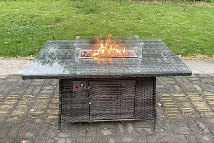 7-Seater Rattan w/ Gas Fire Pit Table & Lounge Footstool!