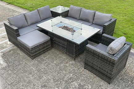 8-Seater Rattan Garden Furniture Set With Firepit Table