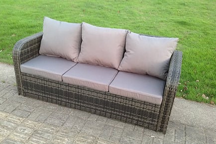 Outdoor High Back 3 Seater Rattan Garden Sofa w/ Cushions