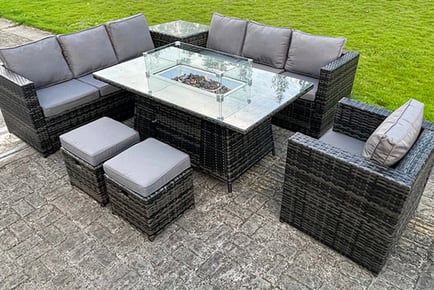 9-Seater Rattan Garden Corner Set with Gas Fire Pit Table & 2 Small Footstools!
