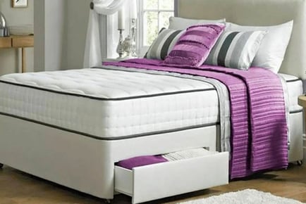 Fabric divan bed set and mattress, Super king, 4 drawers, White