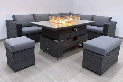 9-Seater Rattan Garden Furniture Set with Fire Pit Table and Cover!