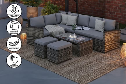 With Cover: 8 Seater Grey Corner Rattan Garden Set With Rain Cover