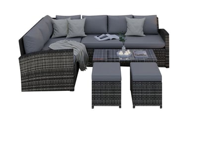 With Cover: 8 Seater Grey Corner Rattan Garden Set With Rain Cover