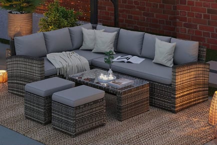 With Cover: 8 Seater Grey Corner Rattan Garden Set With Rain Cover