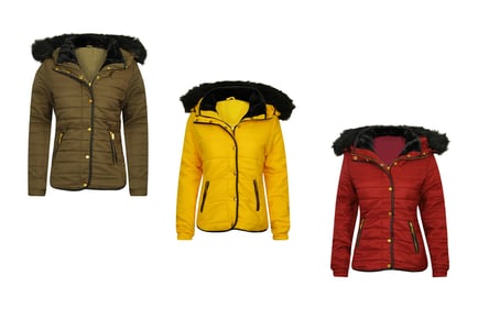 Quilted Fur Collar Hooded Parka in Multiple Sizes & Colours