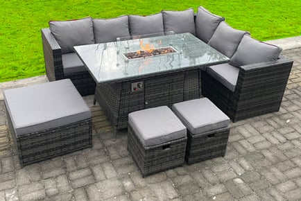 9-Seater Corner Rattan Sofa Set with Firepit Dining Table