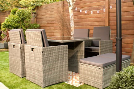 BLACK WITH GREY CUSHIONS: A nine-piece cube rattan furniture set