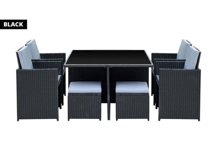 BLACK WITH GREY CUSHIONS: A nine-piece cube rattan furniture set