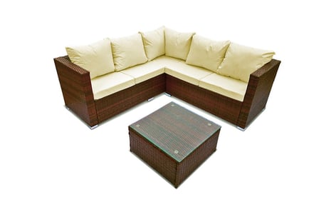BROWN WITH NATURAL CUSHIONS : A 5-seater temple rattan corner sofa set