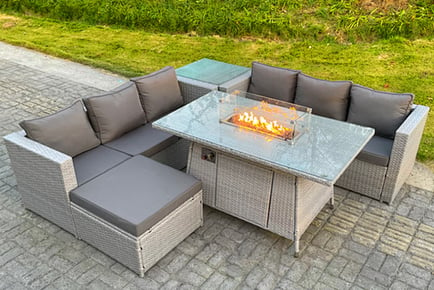 7-Seater Outdoor Corner Rattan Set with Fire Pit and Side Table!