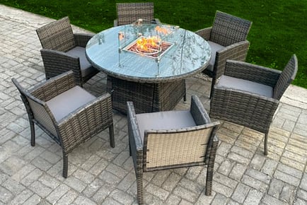Outdoor rattan furniture set with gas fire pit table, 6 Chairs, Big Round