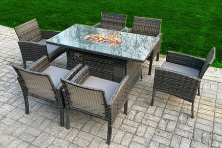 Outdoor rattan furniture set with gas fire pit table, 6 Chairs, Big Round