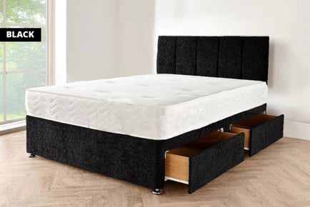 Chenille Divan Bed & Mattress - Black, Silver & Grey