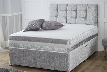 Crushed velvet divan bed and mattress, Super King, Gunmetal Grey, 4 Drawers