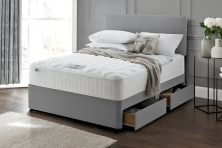 Grey fabric divan bed set, headboard and memory mattress, Super King, 4 Drawers