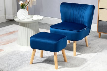Velvet-Feel Tub Chair and Footstool in Grey or Blue