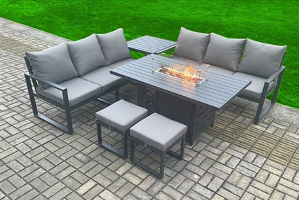 An Eight-Seater Aluminium Garden Furniture Set with a Gas Fire Pit Dining Table, Standard