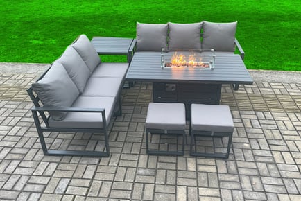 An Eight-Seater Aluminium Garden Furniture Set with a Gas Fire Pit Dining Table, Standard