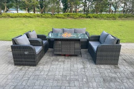 Chic Rattan Sofa & Fire Pit Table Ensemble