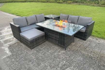 PE Rattan Sofa Gas Fire Pit Table Stool