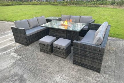 Rattan Sofa Set Gas Fire Pit Table Stool