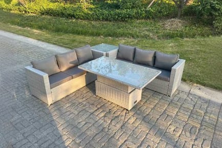 Light Grey Rattan Lounge Sofa Set Table