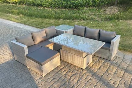 Stylish Light Grey Rattan Sofa Set with Table & Stool