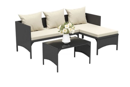 Three-Seater Polyrattan Furniture Set with Table, With Cover, Black