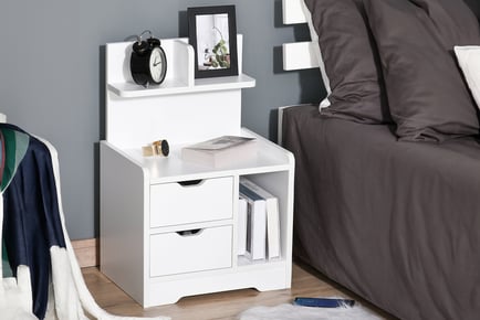 White Bedside Table with 2 Drawers and Shelves