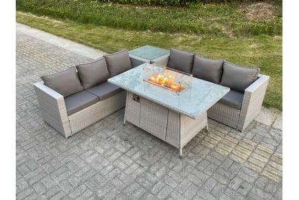 PE Rattan Garden Sofa Set Fire Pit Table