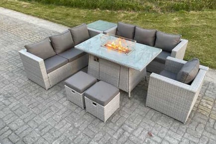 PE Rattan Garden Sofa Set Fire Pit Table