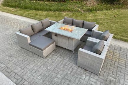 PE Rattan Garden Sofa Set Fire Pit Table