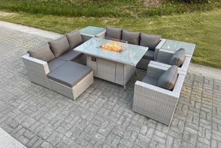 PE Rattan Garden Sofa Set Fire Pit Table