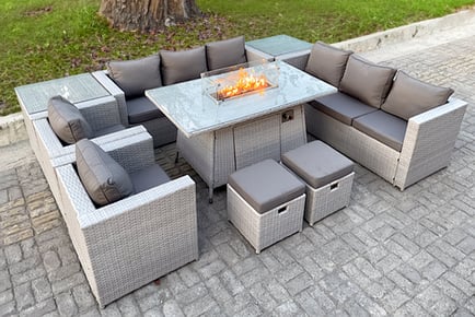 PE Rattan Garden Sofa Set Fire Pit Table