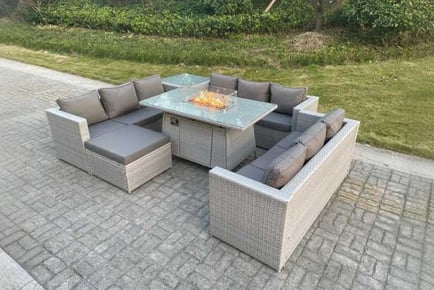 PE Rattan Garden Sofa Set Fire Pit Table