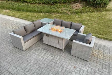 PE Rattan Garden Sofa Set Fire Pit Table