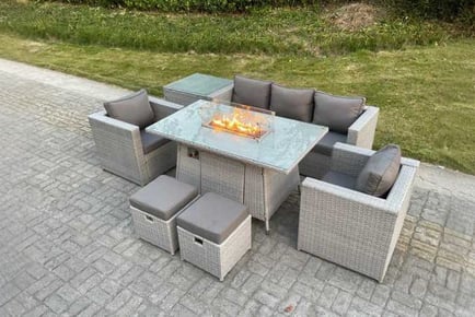 PE Rattan Garden Sofa Set Fire Pit Table