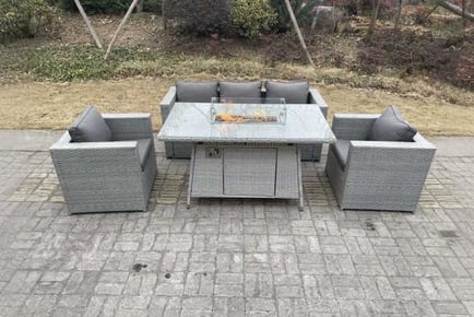 PE Rattan Garden Sofa Set Fire Pit Table